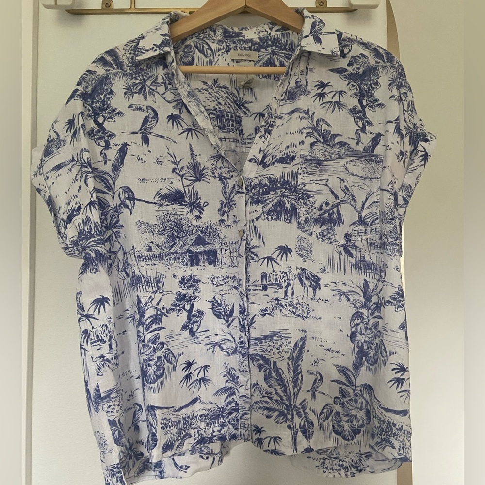 Joie White Button-Down Shirt with Navy Tropical Print XL